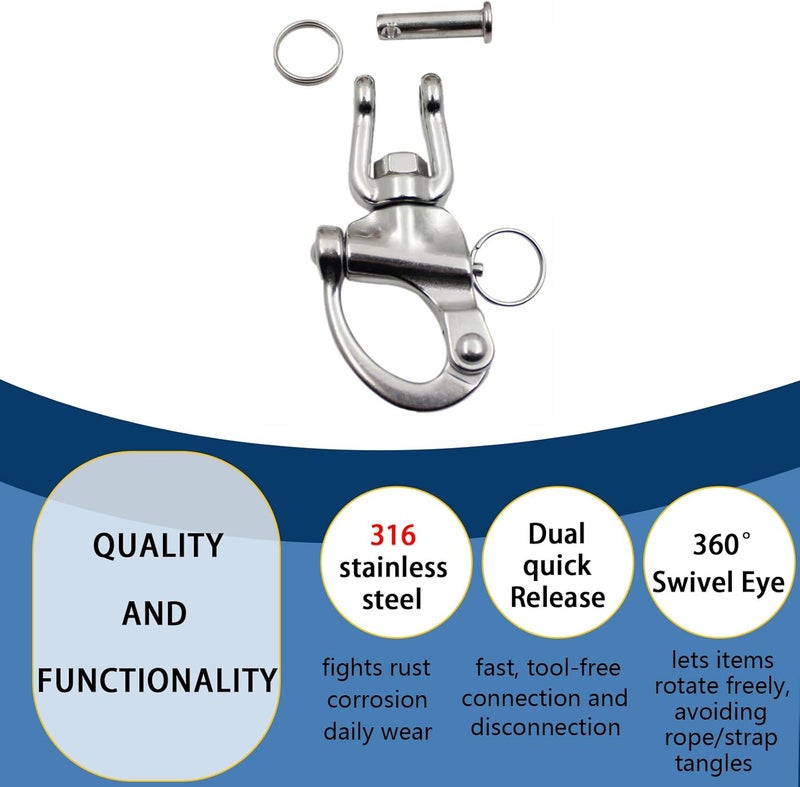 Bedrug Snap Shackle Quick Release 316 Stainless Steel Jaw Swivel Snap Shackle Heavy Duty Marine Sailboat Shackles for Sailing Halyard, Sailing Rigging 2pcs - Image 3